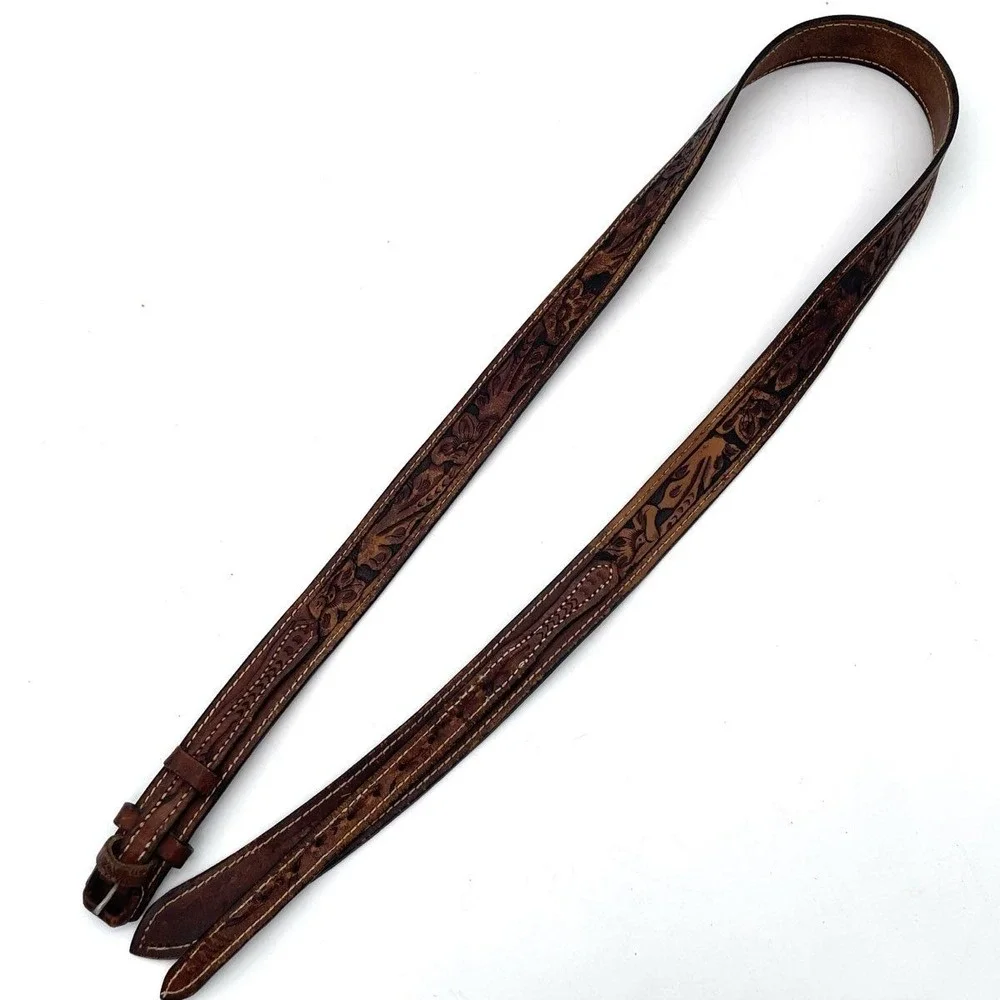 Vintage Hand Tooled Brown Leather Western Belt Cowboy Floral Carved XL 43-48.5